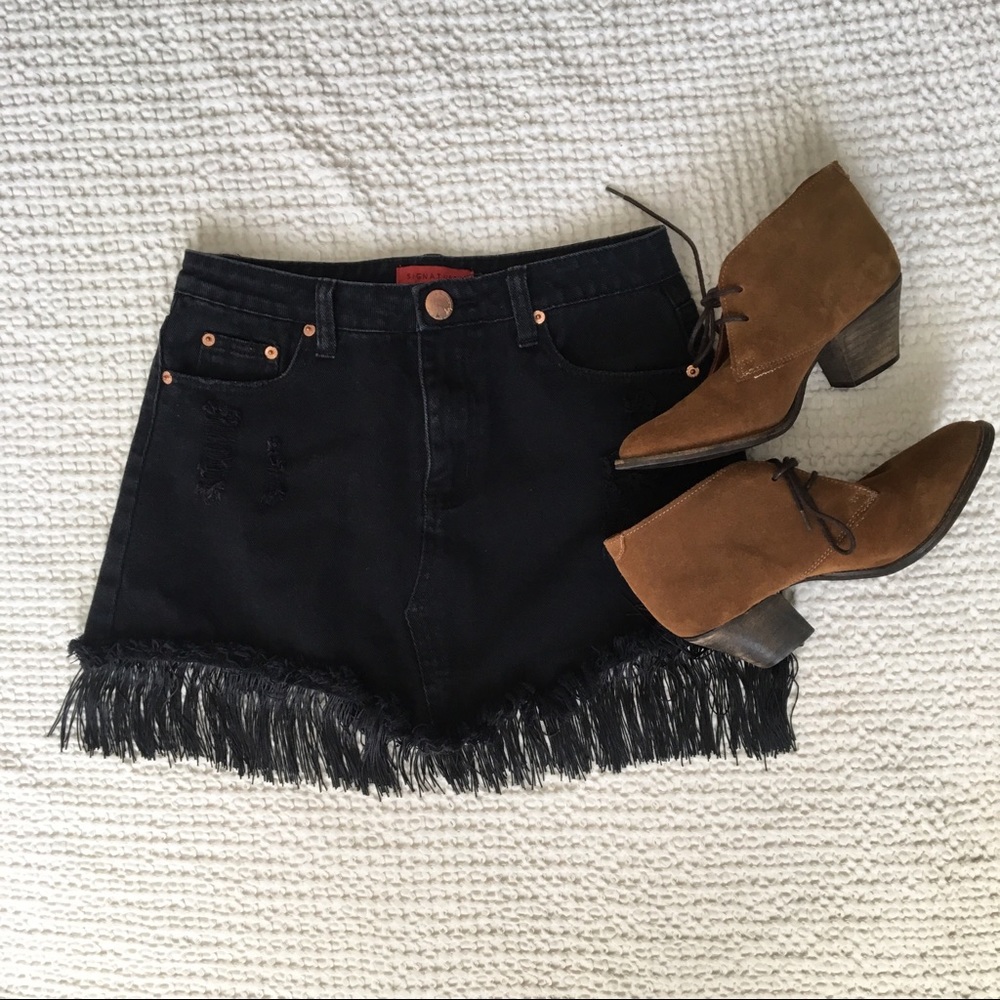 Black Mini skirt with fringe, jean skirt, boho